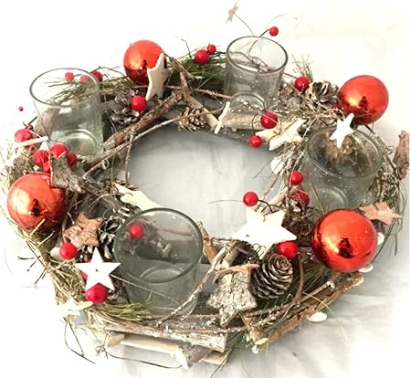 Decorazioni Natalizie Con Materiali Naturali.Porta Candele Corona Dell Avvento Corona Per 4 Candele 29 Cm Realizzata Con Materiali Naturali Palline Rosse Pigne Stelle Addobbi Natalizi Decorazione Natalizia Amazon It Casa E Cucina