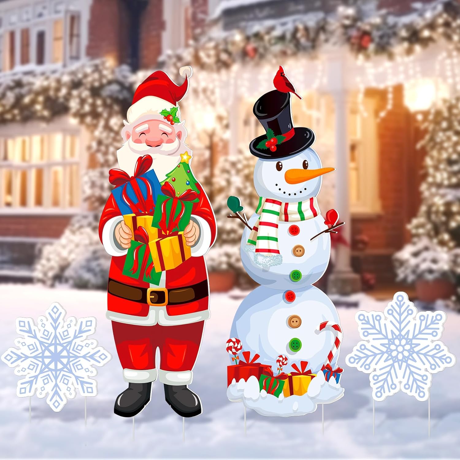 Decorative Garden Stakes - Geetery 4 Pieces Christmas Santa Yard Stake Snowman Porch Sign with Stakes Rustic Snowflake Christmas Cute Yard Decorations Colorful Snowman Santa Stake for Christmas Winter Outdoor Lawn Supplies