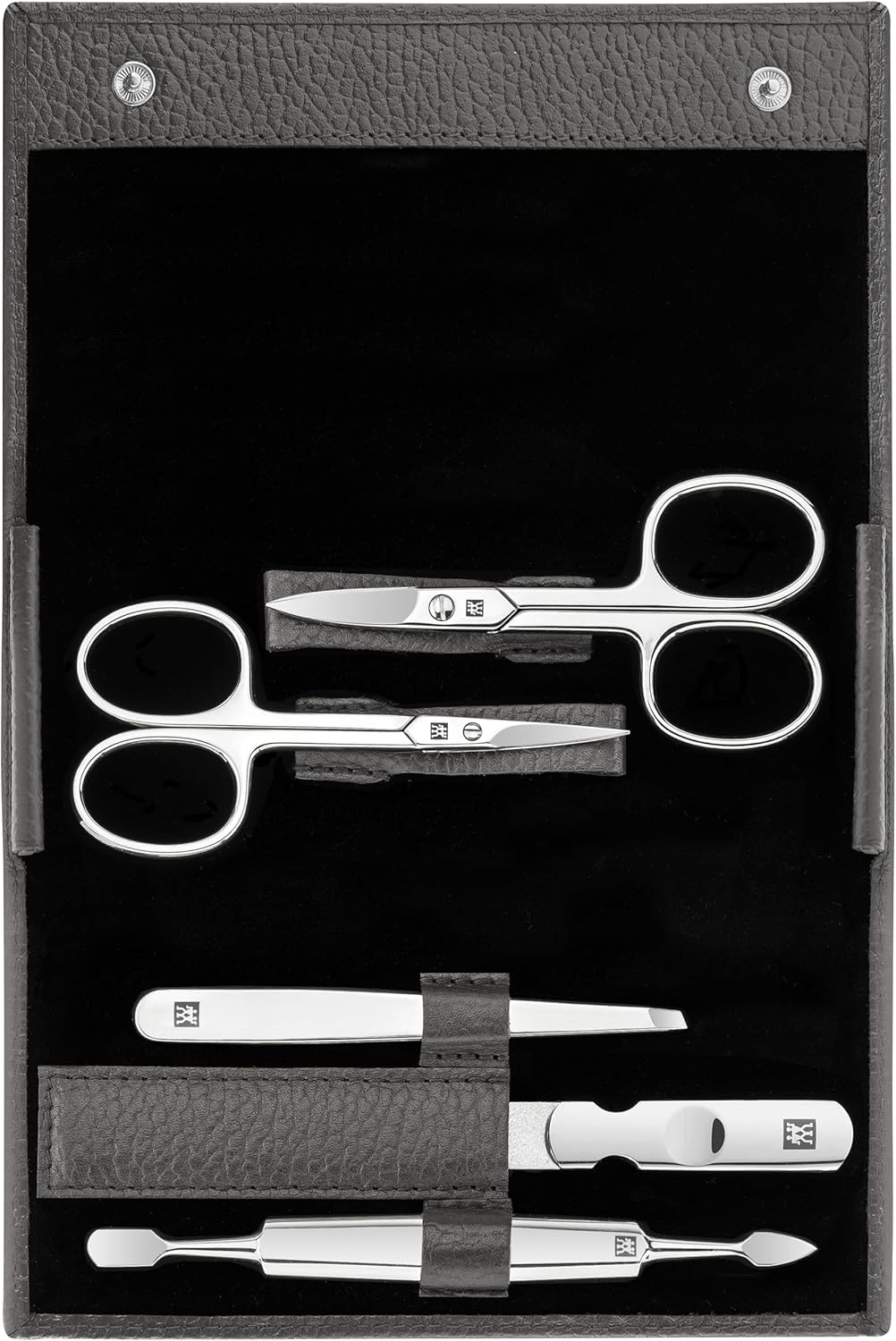 ZWILLING Manicure Set (5 piece, nail care and pedicure with genuine leather case with nail scissors and cuticle scissors), Polished Stainless Steel, Anthracite