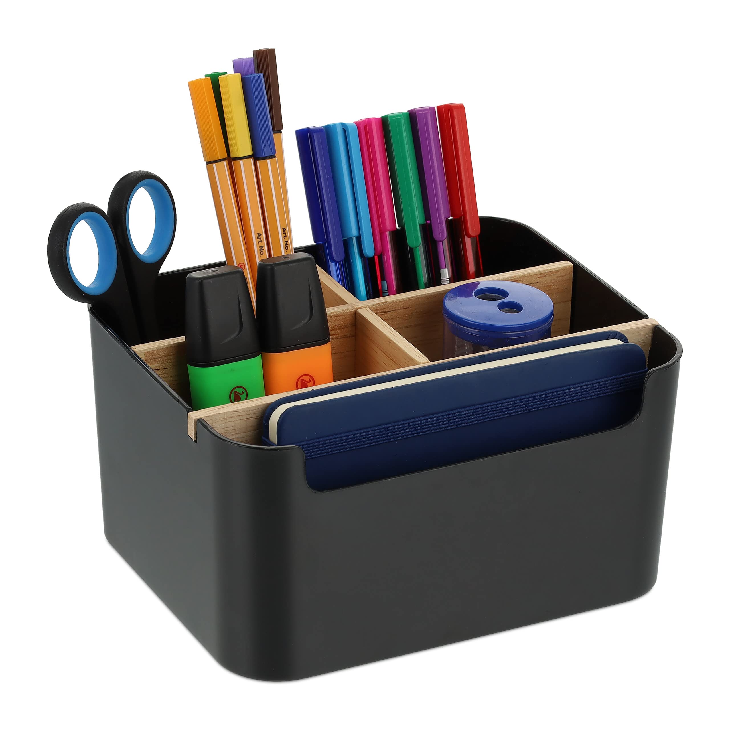 Relaxdays Desk Organiser, 5 Compartments, Plastic and Wood, H x W x D: 9,5 x 18 x 15 cm, Black