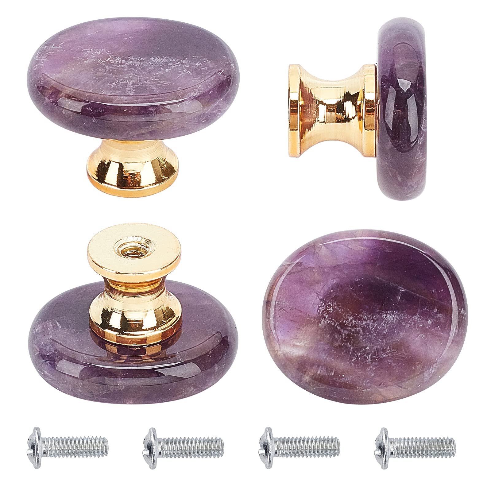 GORGECRAFT 4PCS Amethyst Knob Handmade Dresser Knobs Drawer Pulls Natural Stone Cabinet Knobs Vintage Decorative Handles with Mounting Screws for Cupboard Kitchen Wardrobe Furniture