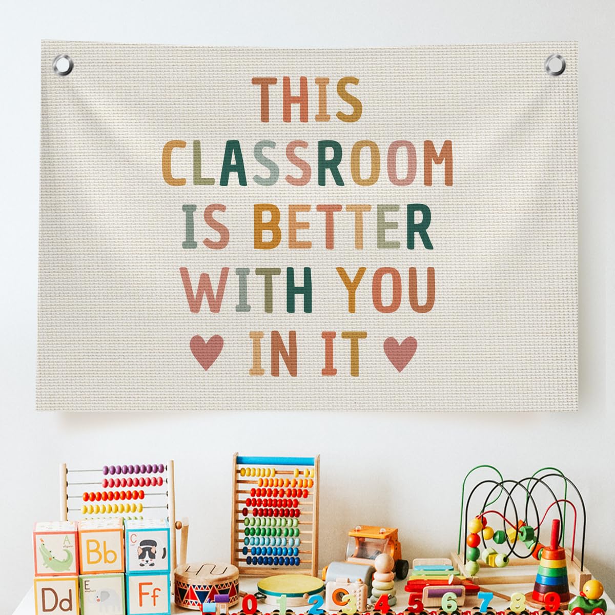 Photo 1 of QROZIAR Boho Classroom Decor for Teacher, Cute Neutral Classroom Must Haves Wall Decor, Welcome Sign Canvas Banner Wall Hanging Banner Flag, Back To School Wall Flags for Nursery Classroom Teacher, This Classroom Is Better With You In It 30x20 inchs
