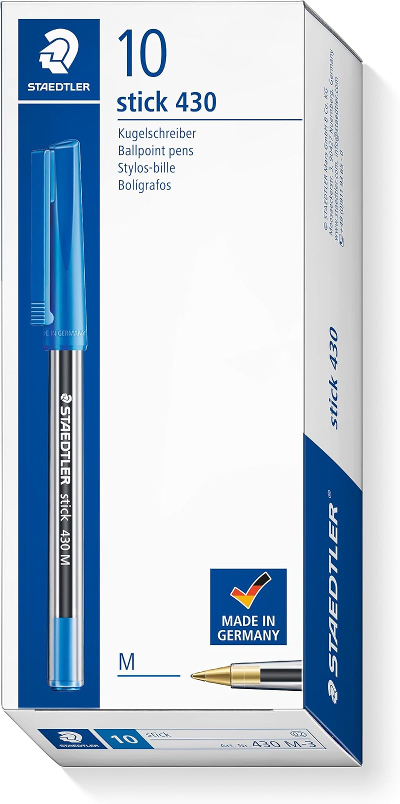 STAEDTLER Ballpoint Pens Stick 430 Blue Ink Box of 10 Medium Point