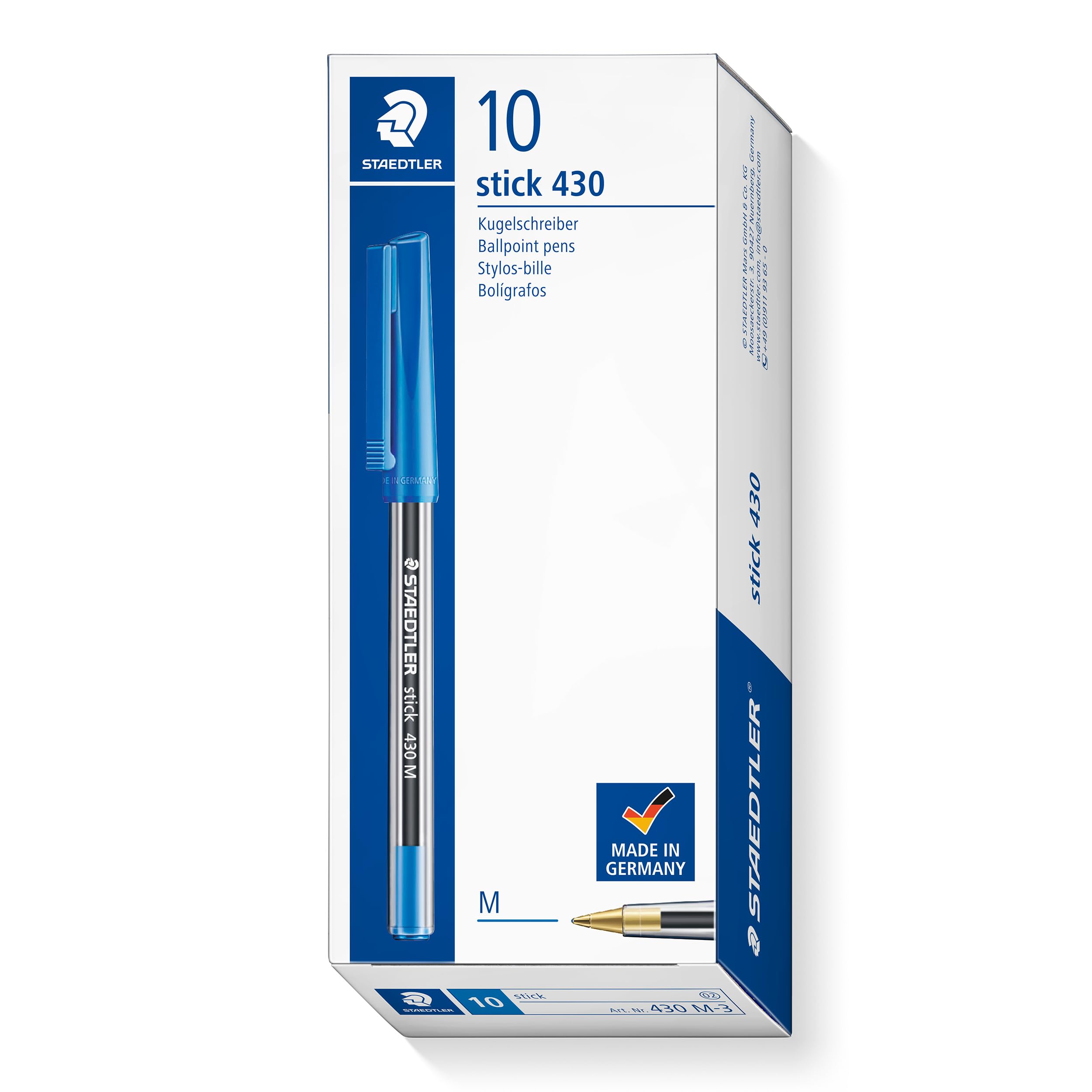 STAEDTLER Ballpoint Pens - Stick 430 - Medium Point - Blue Ink - Box of 10, 430 M-3