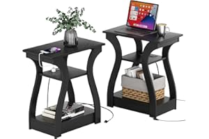 FROMJBEST Black End Table Set of 2 with Charging Station, Side Table with USB Ports and Outlets, Black Nightstand, 3 Tier End Table with Storage Shelf for Living Room, Bedroom