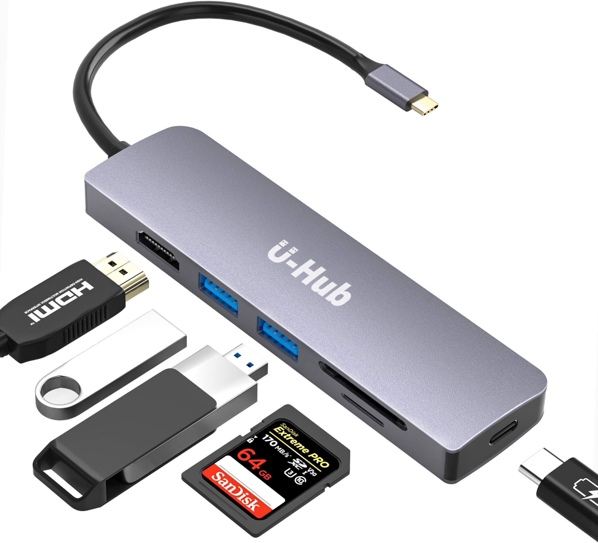 U-HUB USB C Hub Adapter with Fast PD Charging Port, 4K HDMI Port, 2 USB 3.0 Ports, SD/TF Card Reader for Macbook Pro/Air and Type C Laptop (6-in-1)