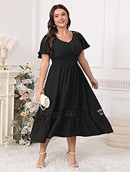 HICISI Plus Size Summer Dress V Neck Smocked High