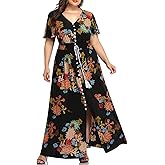 Women's Plus Size Floral Print Button Up Short Sleeve Split Flowy Beach Party Maxi Dress