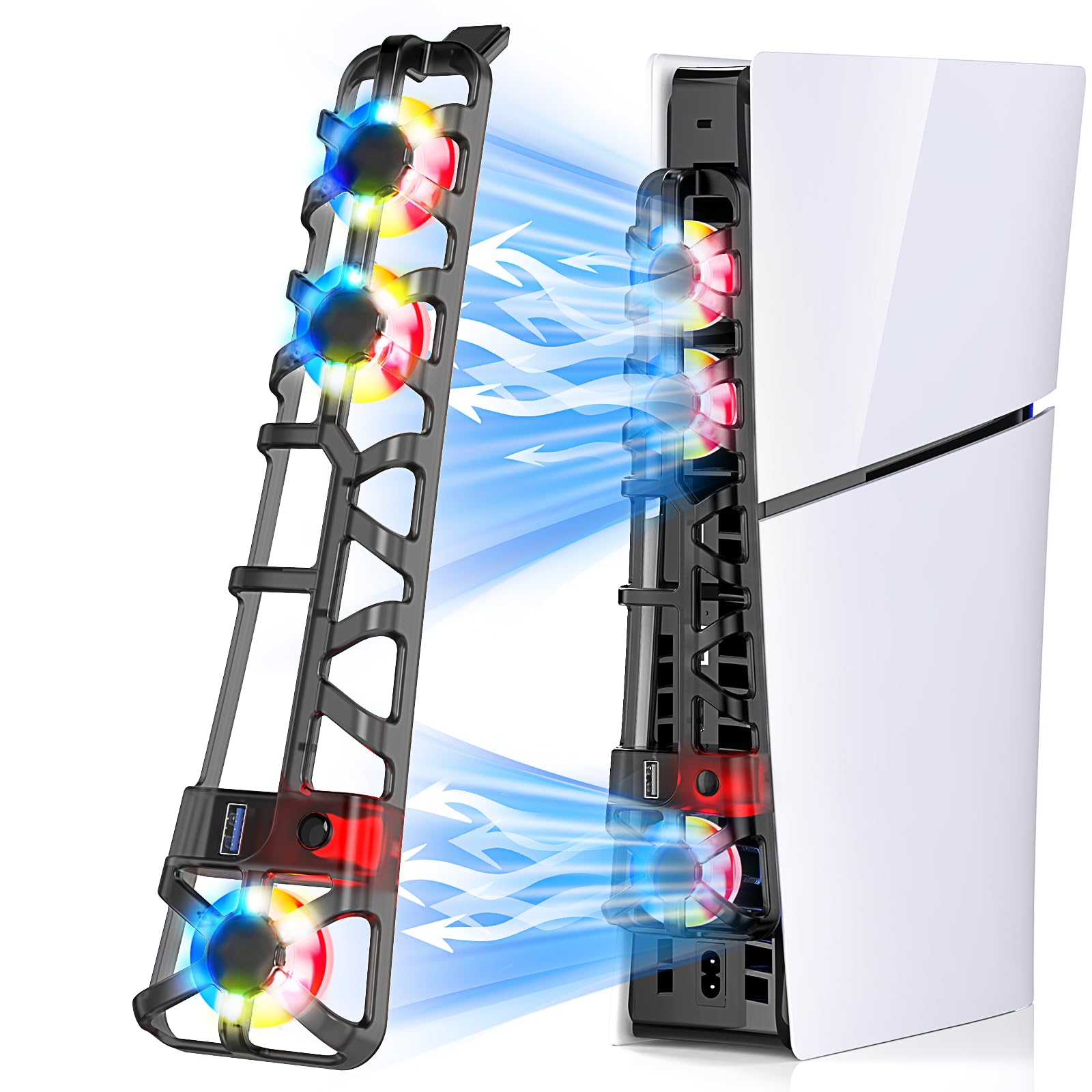 Photo 1 of RGB Light Cooling Fan for PS5 Slim, Temperature Controlled Fan Speed, Smart Memory Start-Stop Function, USB 3.0 Hub, Efficient Quiet Fan for PS 5 Slim Disc & Digital