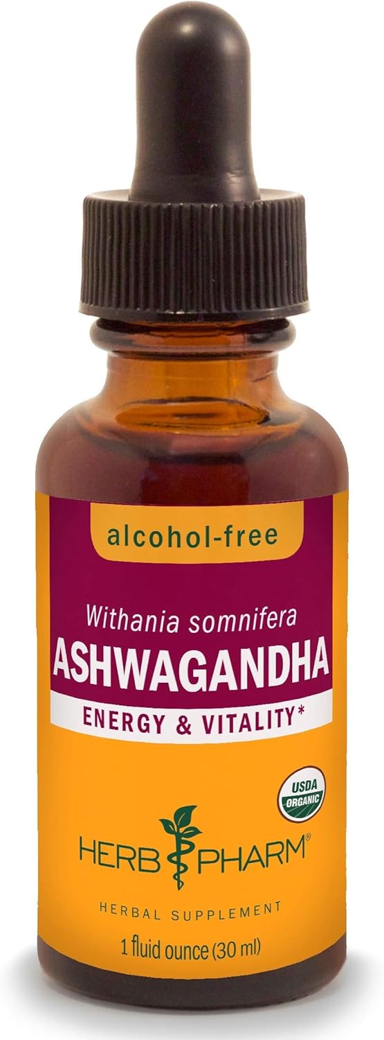 Herb Pharm Certified Organic Ashwagandha Extract for Energy and Vitality, Alcohol-Free Glycerite, 1 Ounce