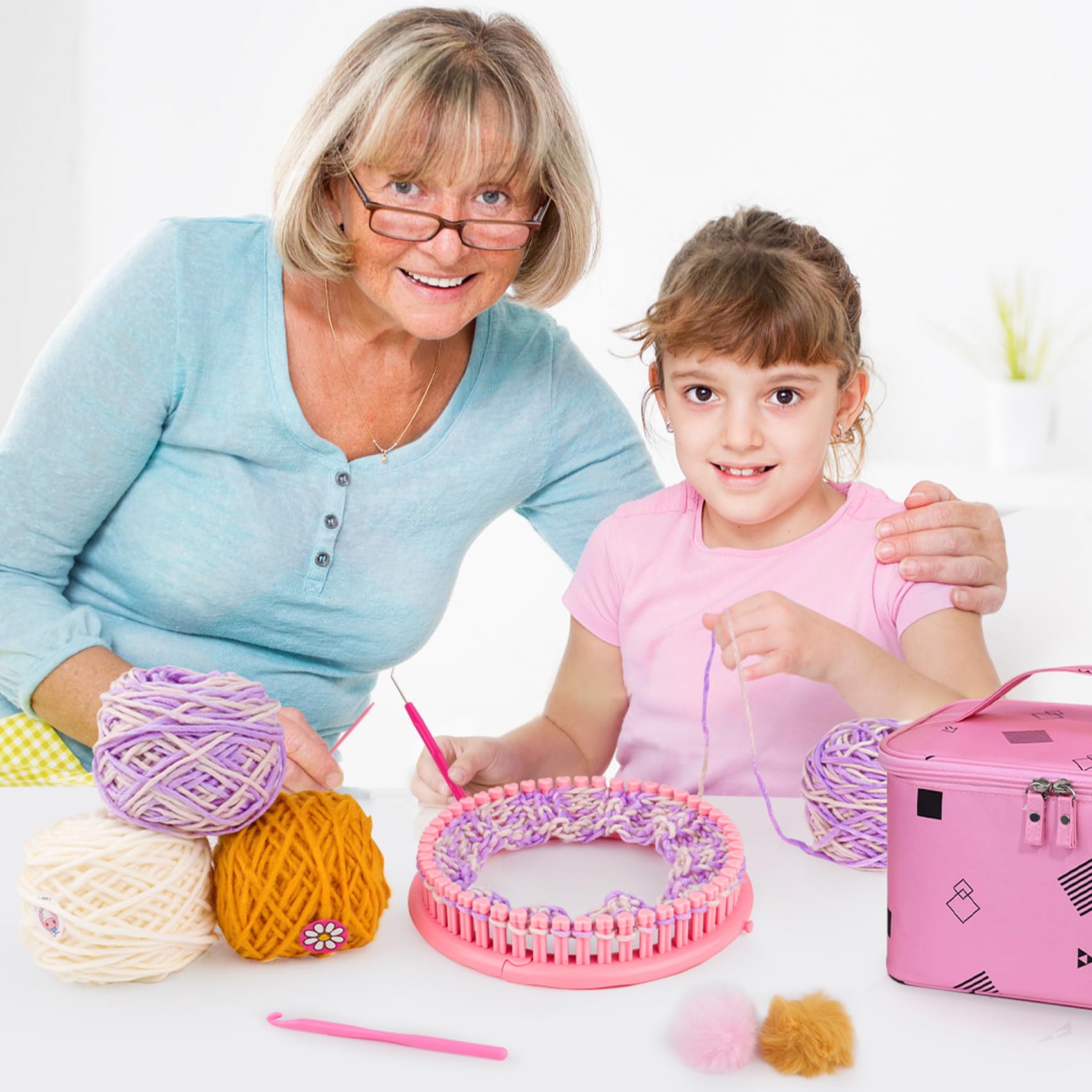 AHCo. Knitting Loom Kit for Beginners, Creative Craft Toy for Girls Ages 7 8 9 10 11 12 with Storage Bags Yarns Knitting Tools, Fantastic DIY Gifts Knit Hat Scarf Coaster (Pink)