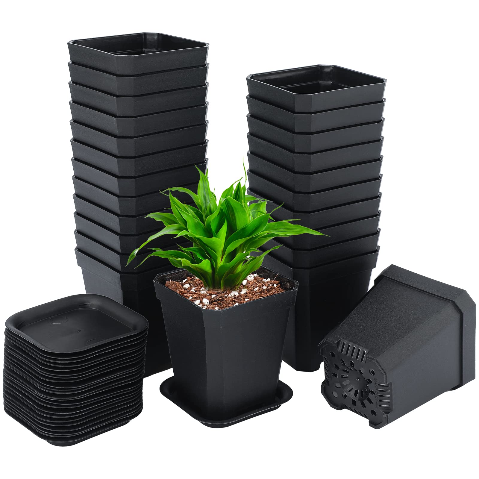 KINGLAKE 24Pcs Plastic Square Plant Pots with Trays, 7cm Thick Seed Seedling Pots, Small Black Nursery Flower Pots for Vegetables Cuttings Succulent Cacti