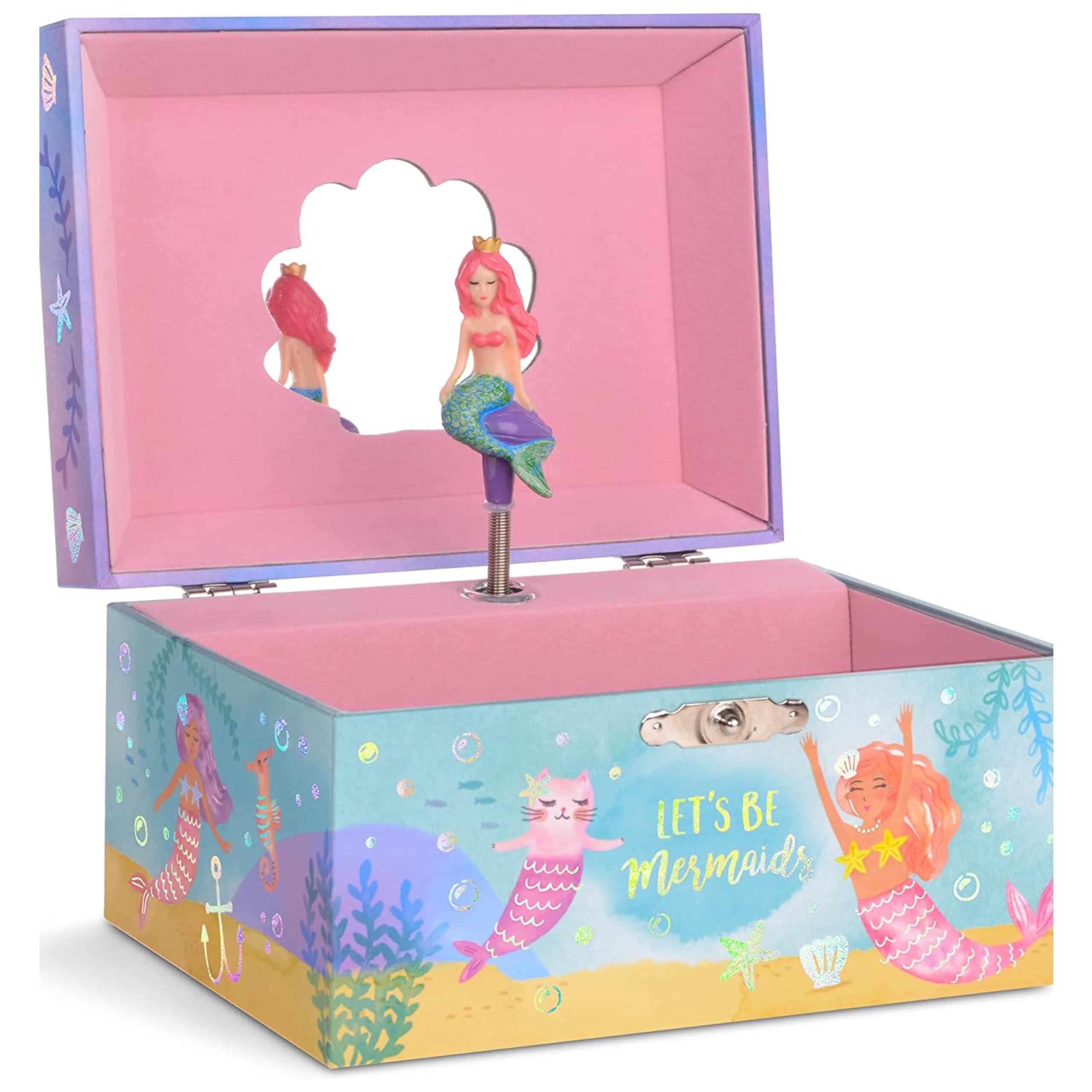 Jewelkeeper Girl's Musical Jewellery Storage Box with Spinning Mermaid, Rainbow Mermaid and Gold Foil Design, Over the Waves Tune