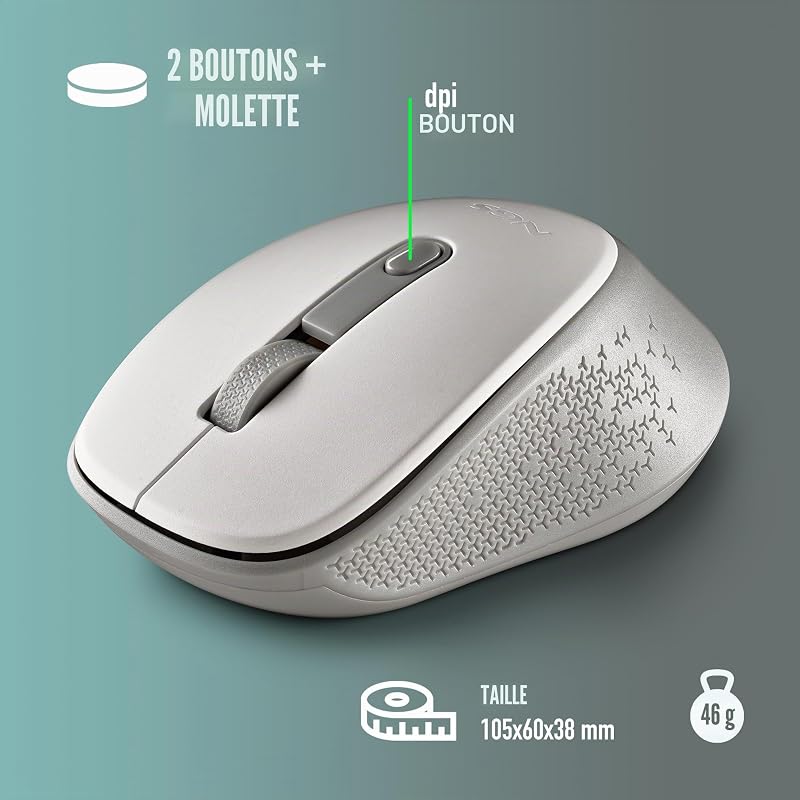 Dew White - Souris sans Fil silencieuse, Optique, Ergonomique, DPI 800/1600 réglable, Nano récepteur, ambidextre, Plug and Play, Couleur Blanche