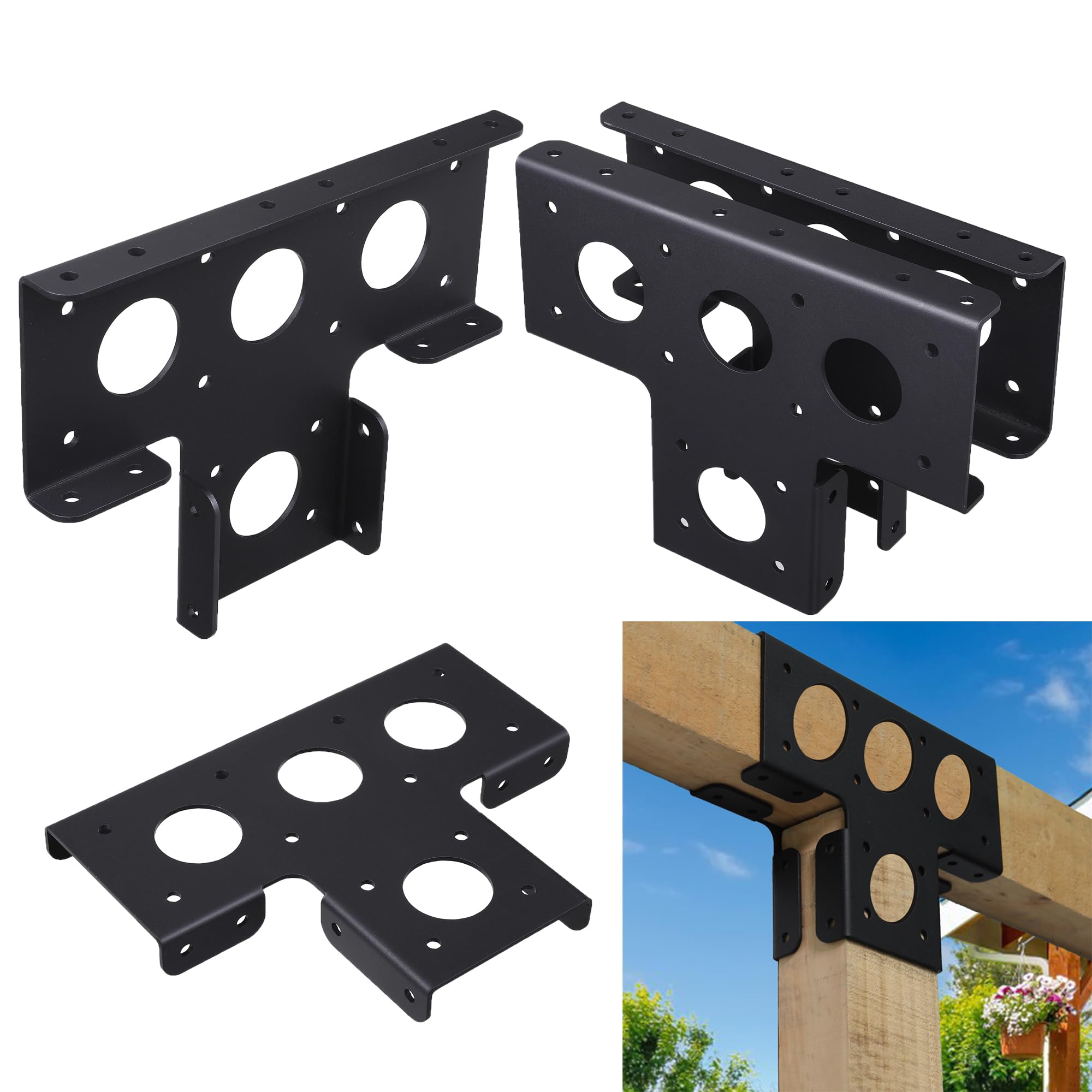 VANROUG 4Pcs Pergola Corner Brackets Extension 3-Way T Brackets for 4x4(Actual:3.5 Inch) Wood Beams Pergola Gazebo Kit