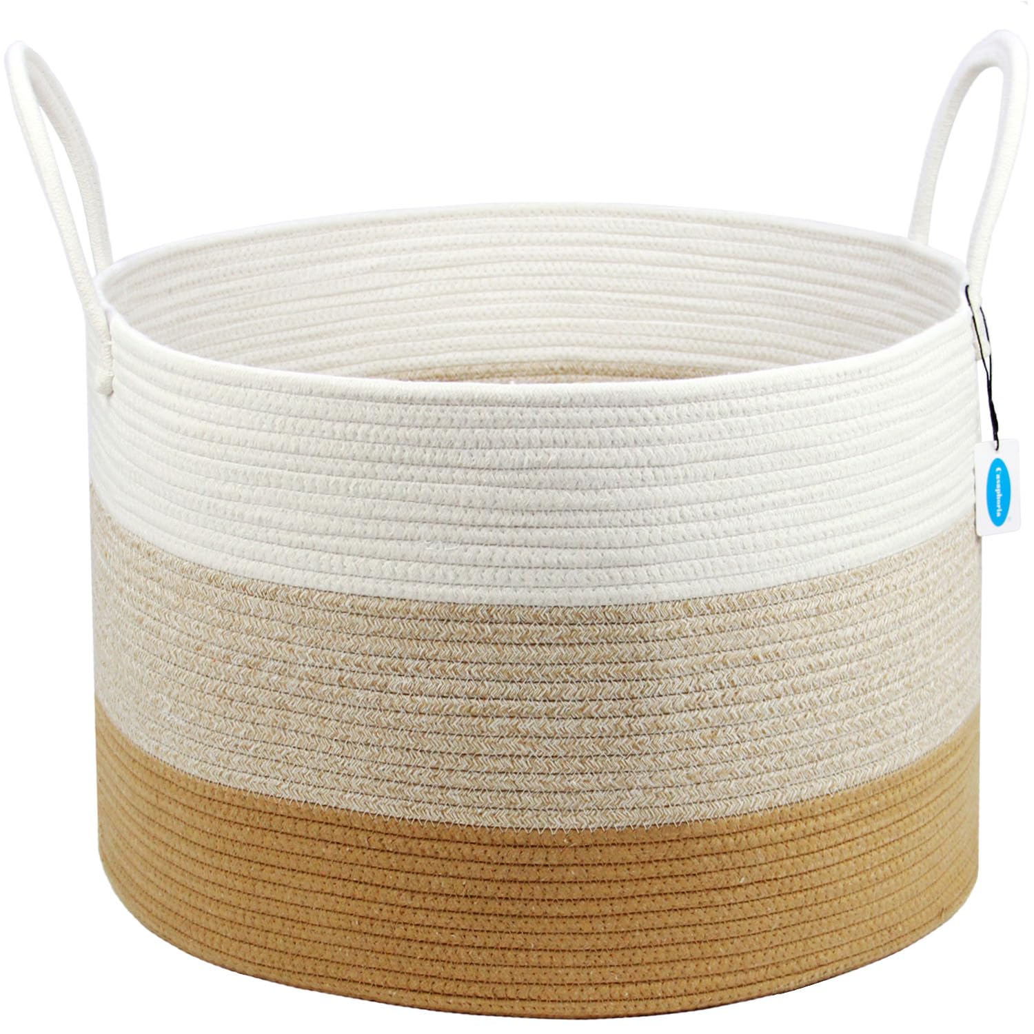 Blanket Basket, Storage Basket, Laundry Basket, 20”*20”*13”, Blanket Basket, Cotton Rope Basket, Laundry Hamper,Blanket Storage for Living Room (White & Gradient Brown