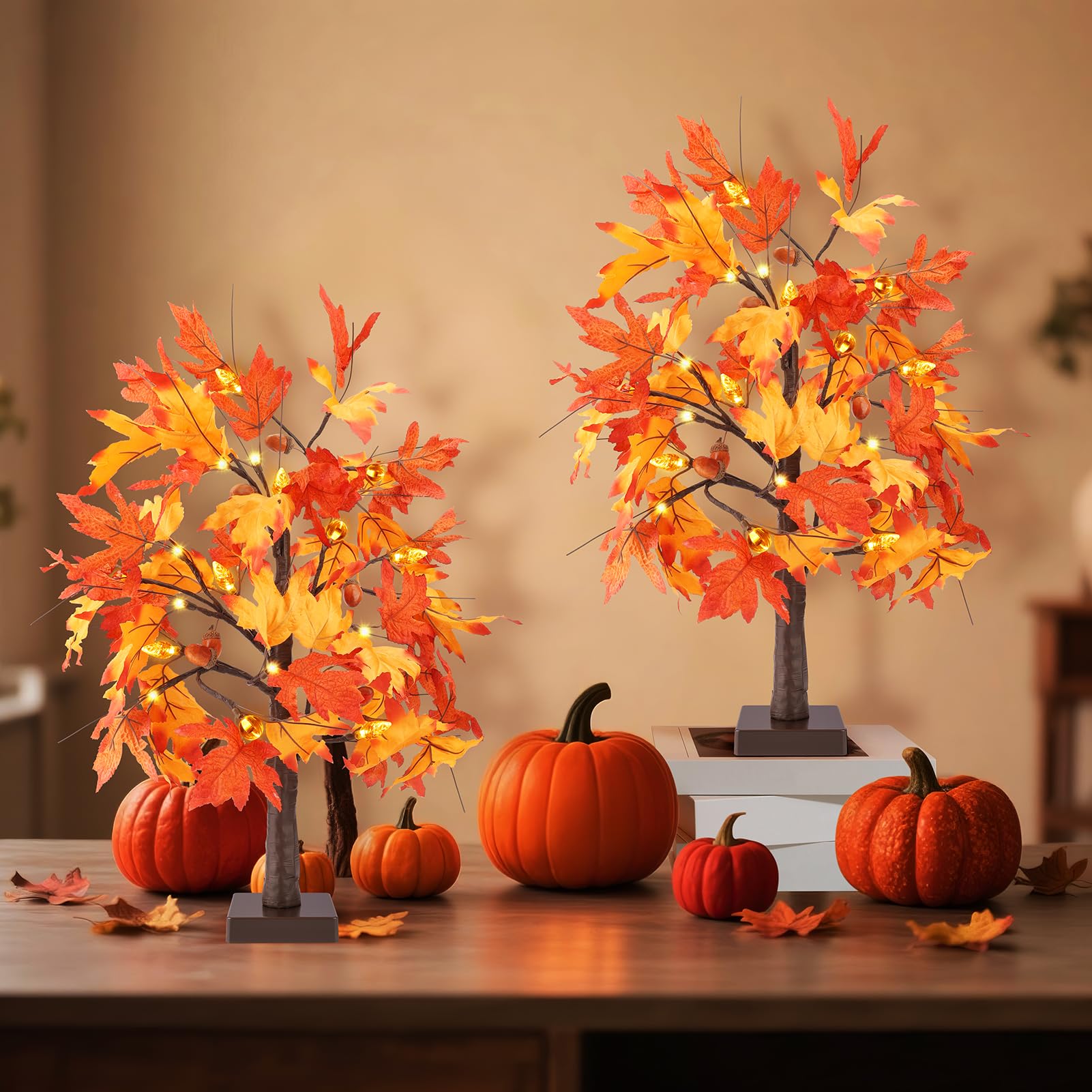 Photo 1 of 2 Pack Lighted Fall Tree, 24" Artificial Light Up Maple Tree with 24 Prelit LED Lights Fall Decor Thanksgiving Decoration for Home Indoor