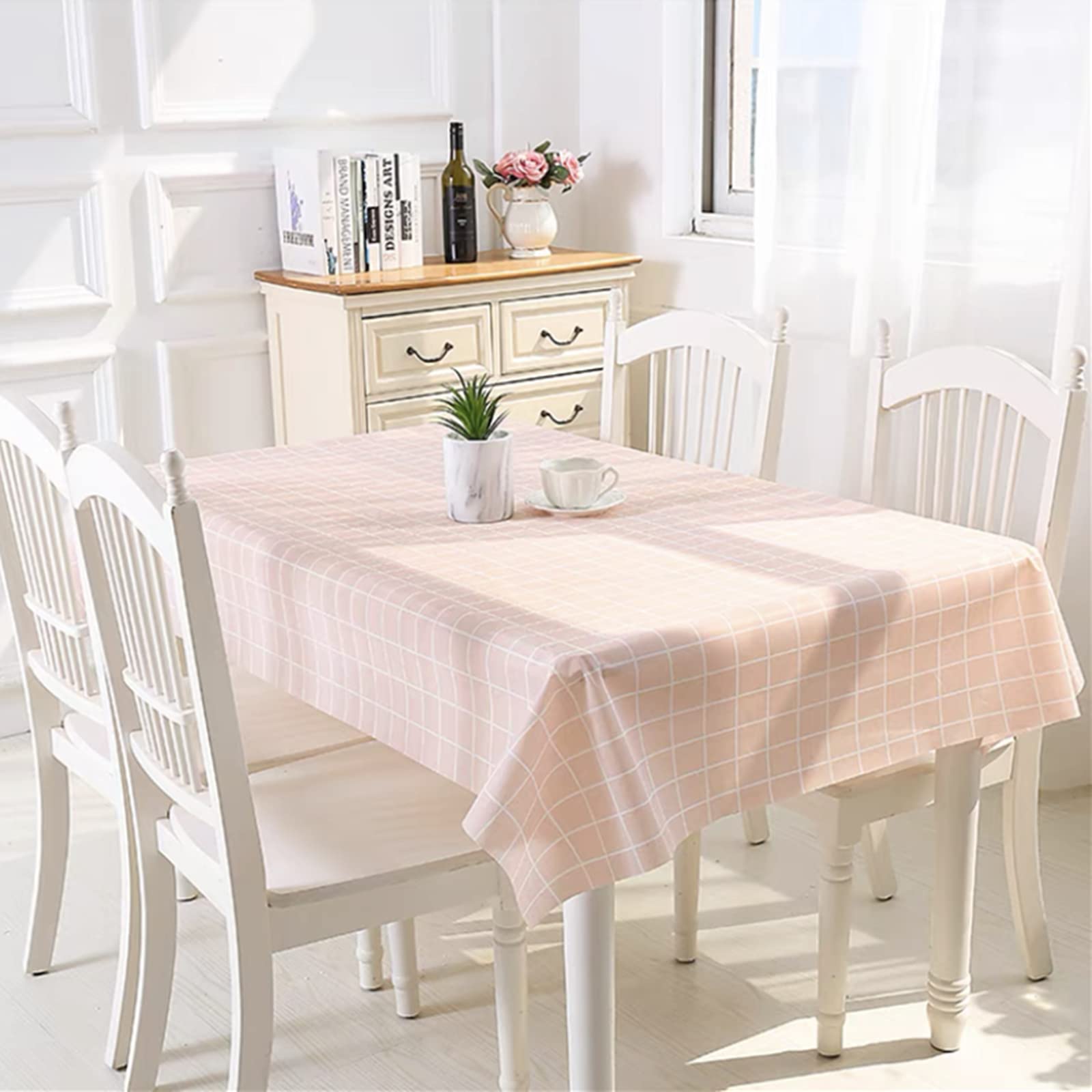 Aisszhao 137 * 180cm Wipe Clean PVC Tablecloth,Rectangular Large Easy Care Table Cover Pink Checkered Reusable Oil-proof Gingham Table Cloth for Holiday Dinner Outdoor Picnic (Pink plaid)