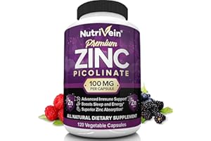 Nutrivein Premium Zinc Picolinate 100mg - 120 Capsules - Immunity Defense Boosts Immune System & Cellular Regeneration - Maximum Strength Bioavailable Supplement - Essential Elements for Absorption
