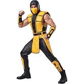 Mens Mortal Kombat Scorpion Costume with Hood, Mask, Vest, Shirt, Pants, &amp; Arm Guards for Halloween Cosplay