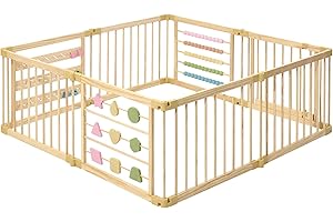 ZETY BABY ZETY Natural Wood Baby Playpen – 8 or 10 Panel Foldable Play Yard with Door Panel and Built-in Toys, CPC Certified & SGS Tested
