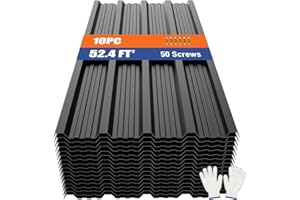 Brakki Corrugated Metal Roofing Panels 10pcs 52.4 ft², Black Galvanized Steel Roof Panels with Screw, Heavy Duty Metal Siding Suitable for Garages Chicken Coop Sheds Stables Patio