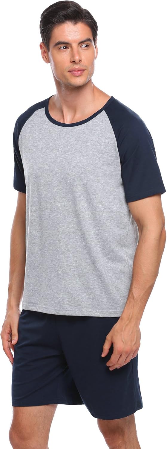 Ekouaer Men’s Sleepwear Short Sleeve Pajamas Set Raglan Top and Shorts Soft Lounge Set: Clothing