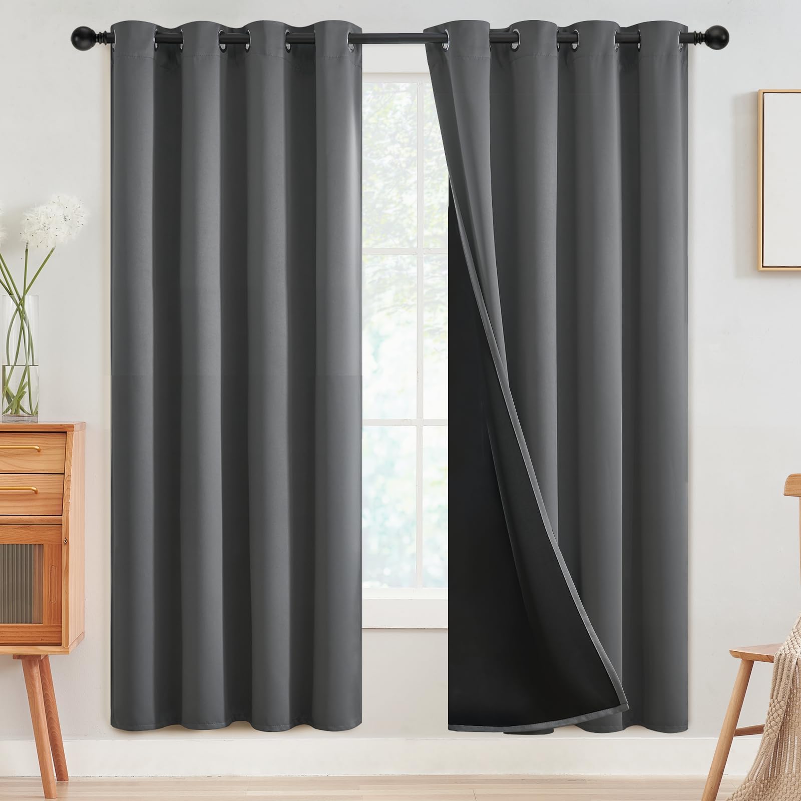 SimpleHome 100% Blackout Curtains for Bedroom,Thermal Insulated Grey Grommet Window Drapes Room Darkening Curtains for Living Room with Black Back,52 x 72 Inch,2 Panels Image