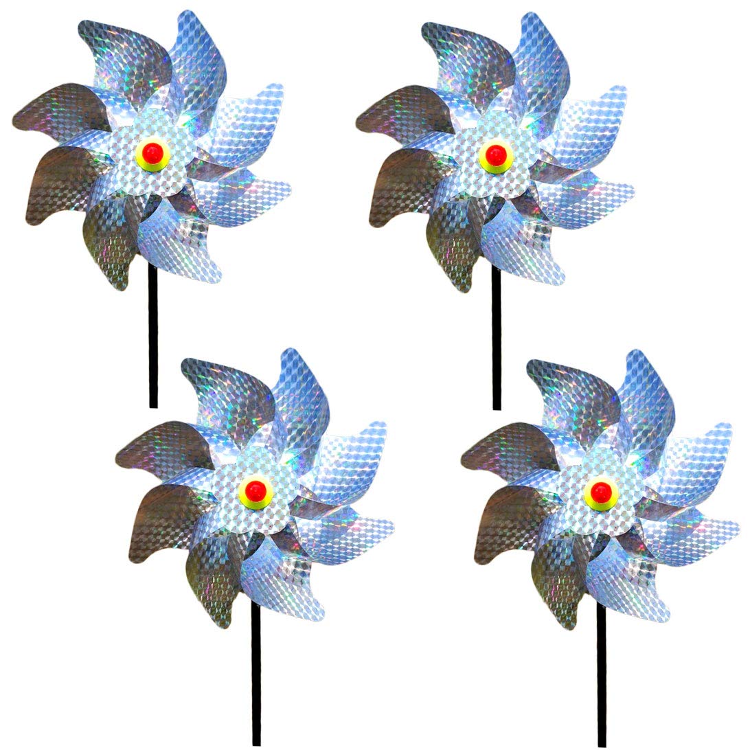 Wenxiaw Bird scarers for Gardens Windmill Pinwheel Bird Scarer High Reflection Windmill to Protect Garden, Orchard, Farm, Sparkly Silver Spinners Animal and Pests Deterrent 4 Pieces (Silver)