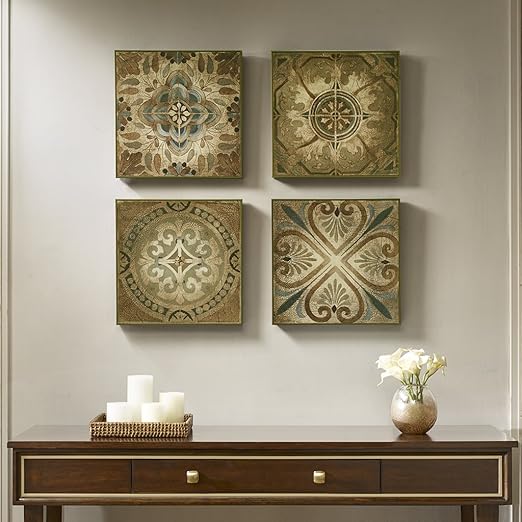 Amazon Com Madison Park Bella Blue Tiles 4 Piece Set Wall Art Deco Box Ready To Hang Modern Bohemian Design Global Inspired Painting Living Room Accent Decor Blue Multi 15 15 X 15 15