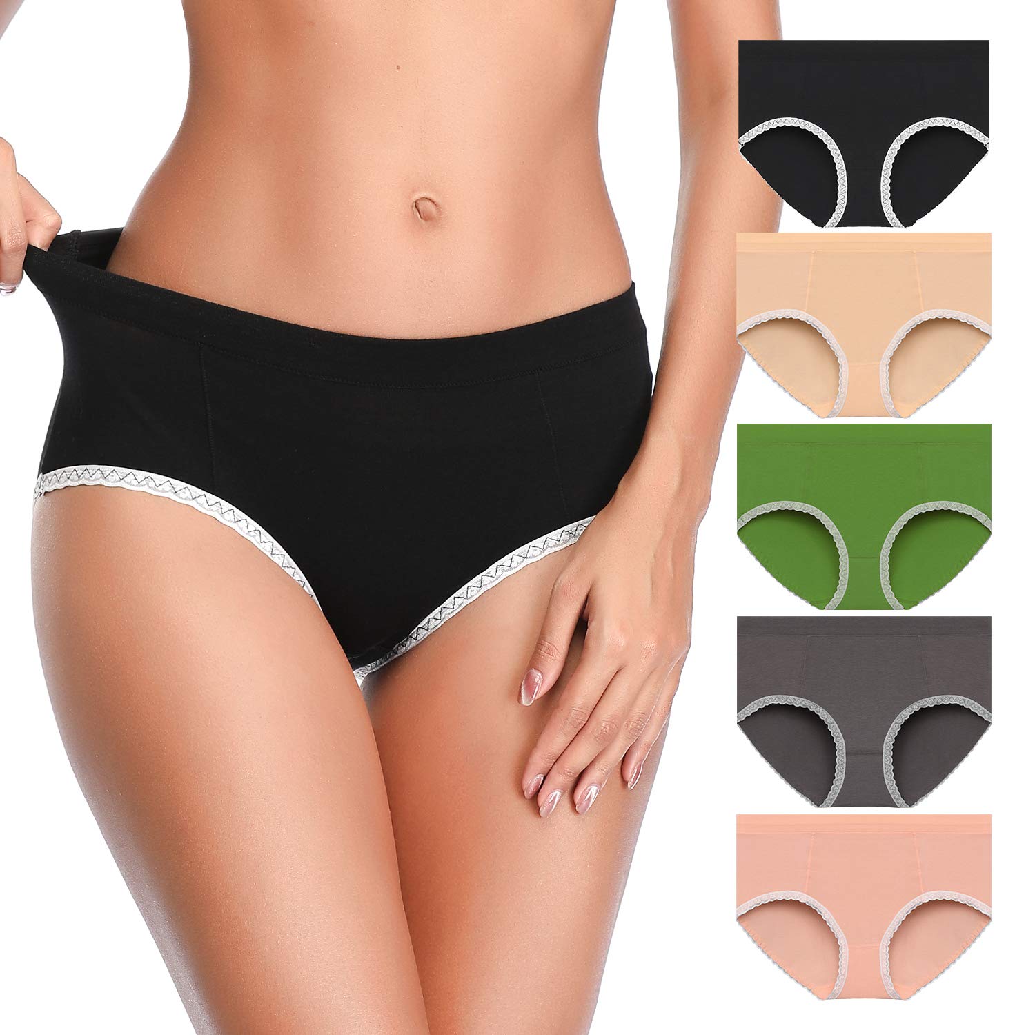 IESUNNY Women\'s Underwear Cotton, Mid Rise Breathable Cotton Lady Soft Panties Briefs for Women (1black+1beige+1green+1gray+1pink=Total 5 Pack, L)