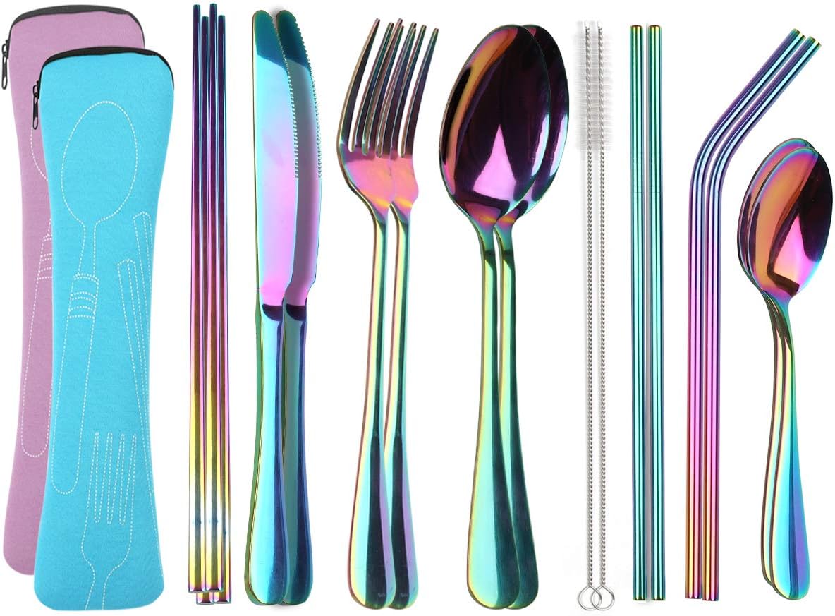 Travel Utensils With Case Ohfun Healthy Eco Friendly 9 Pieces Travel Silverware Portable Flatware Sets For Traveling Camping Picnic Working Or Lunch Box Dishwasher Safe Blue Pink Amazon Ca Home Kitchen