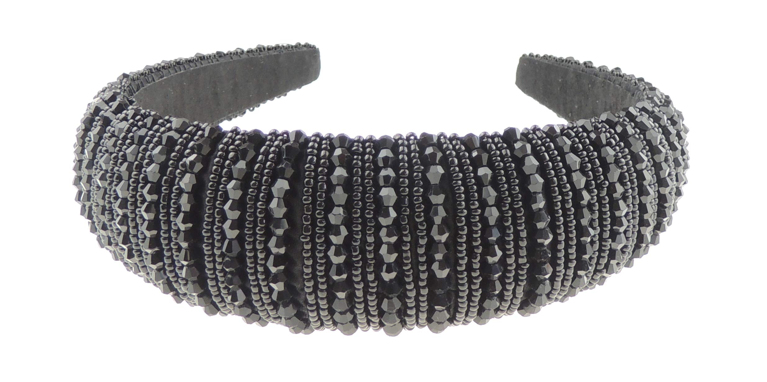 Womens Sparkly Beaded Rhinestone Embellished Jeweled Crystal Wide Thick Padded Evening Formal Occasion Christmas Birthday Wedding Bridal Party Headband Alice Band Hairband (Black, One Size)
