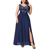 Knitee Women's Plus Size Sequin Lace Deep V-Neck Sleeveless Slit Formal Dresses