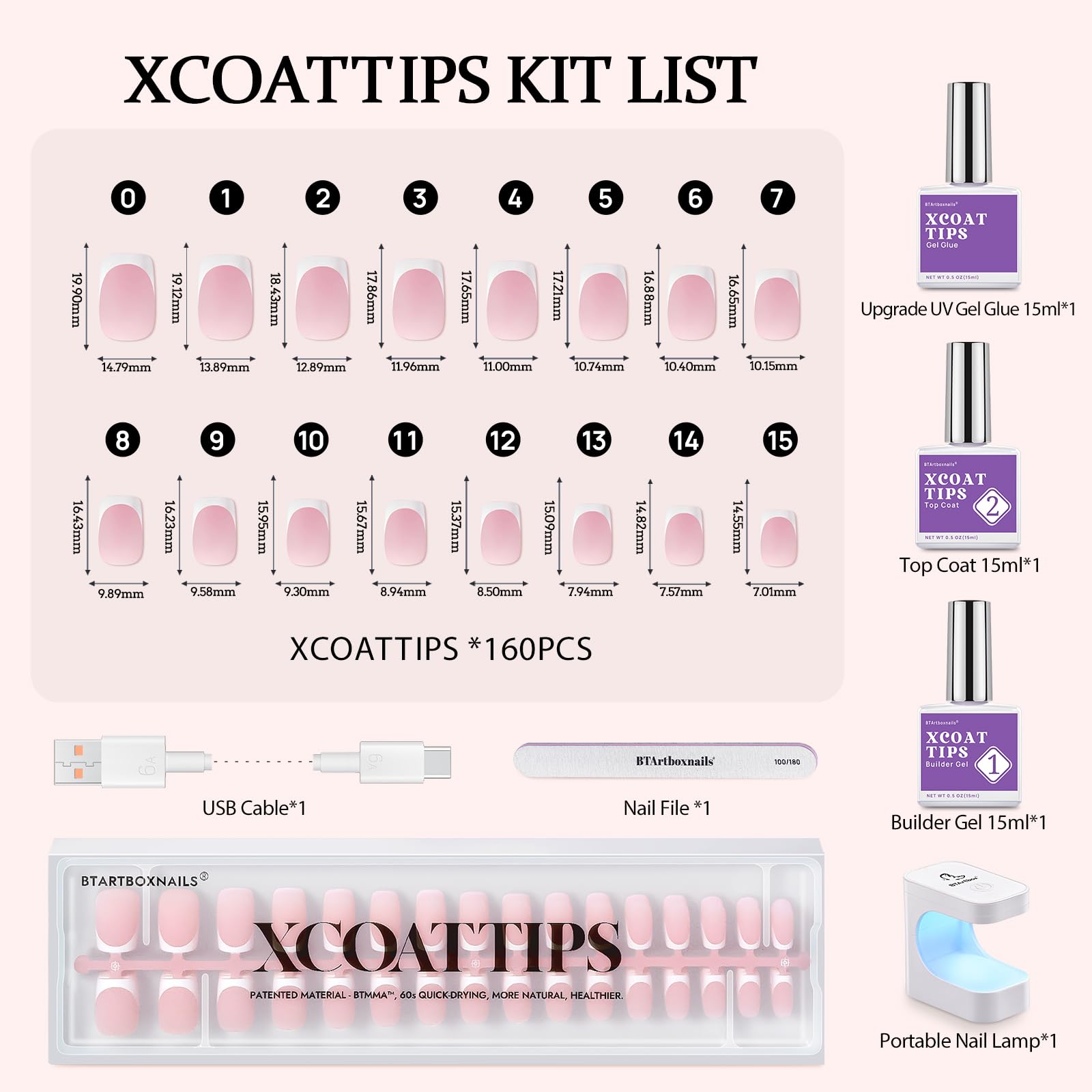 BTArtboxnails XCOATTIPS Gel Nail Kit - Short Squre French Tip Press on Nails Kit, Pink Soft Gel Nail Tips with Nail Gel, French Protecing Duo and Nail Lamp for Gift Home DIY - Image 6
