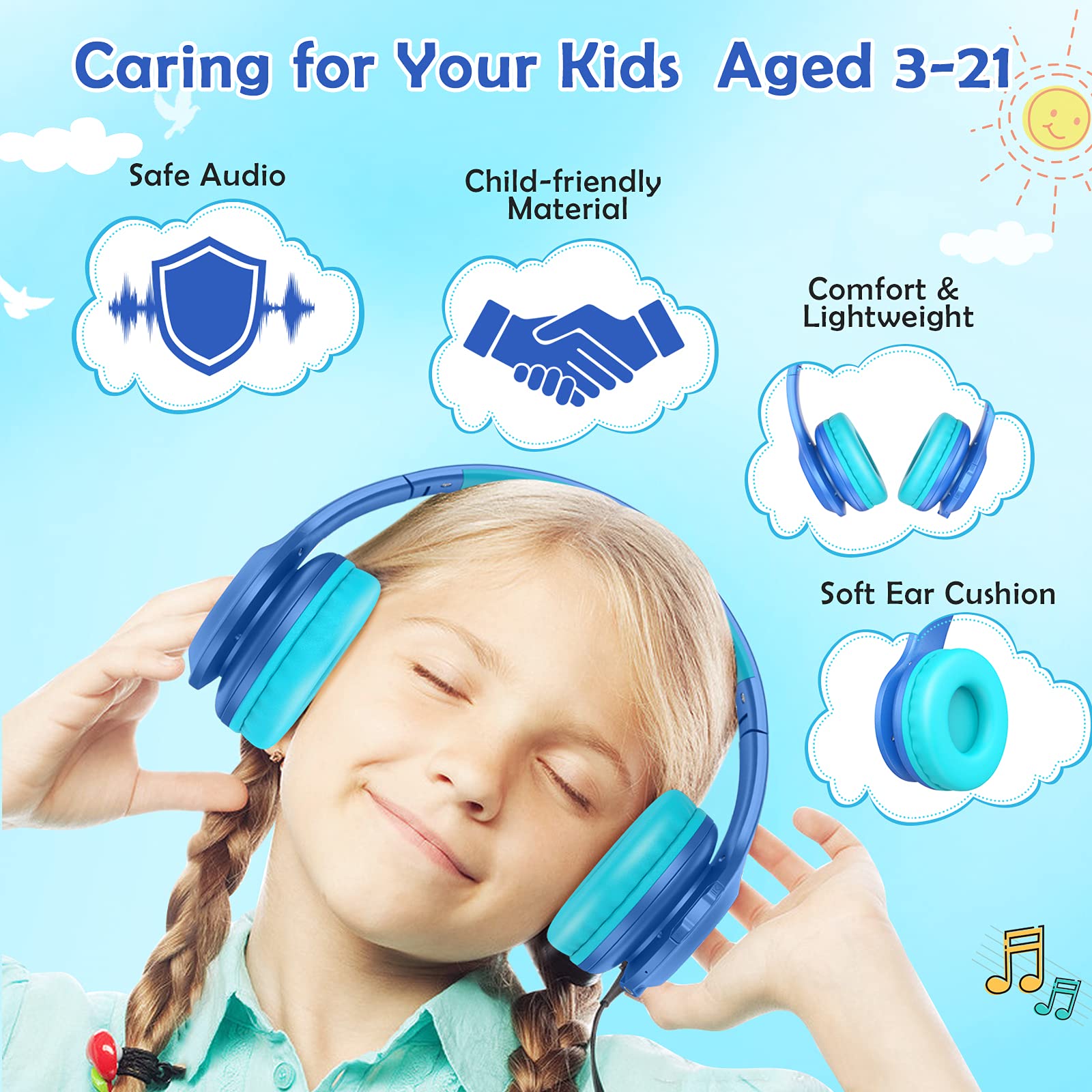 Kids Bluetooth 6.0 Headphones with LED Light, 85Hours Playtimes, Type-C Fast Charging, 85/94dB Volume Limited, Comfort Wireless Headphones with Built-in Mic, Wired & TF Card Mode, Blue