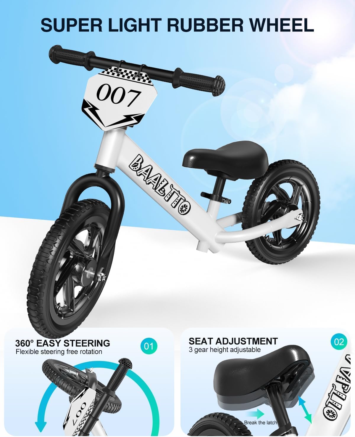 Toddler Balance Bike 2 Year Old,Age 2 to 5 Years, 12-Inch Kids Bike with Customizable Plate (Includes 3 Sets of Stickers), Steady Balance,Suitable for 2-3 Boys Girls(White)