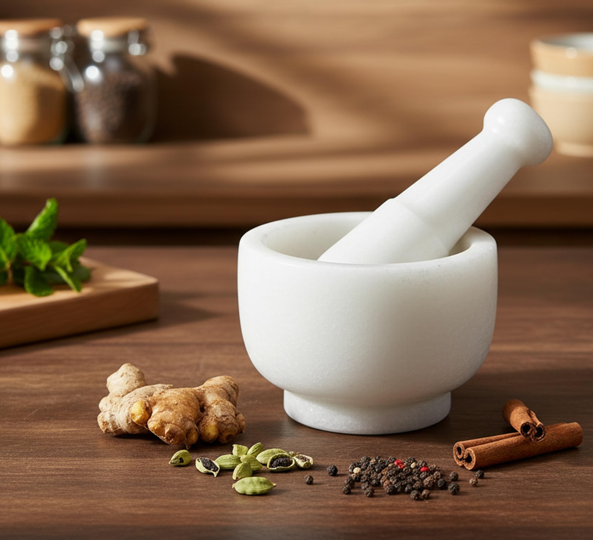 KLEO 5" Diameter Natural Stone Mortar and Pestle Set as Spice Grinder, Medicine Masher - Okhli & Musal (White)