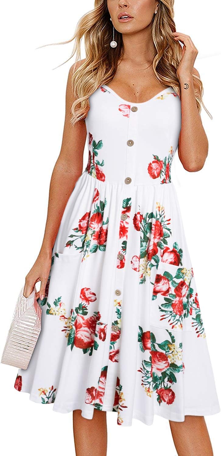 Women's Summer Casual Sundress Spaghetti Strap Button Dress with Pockets