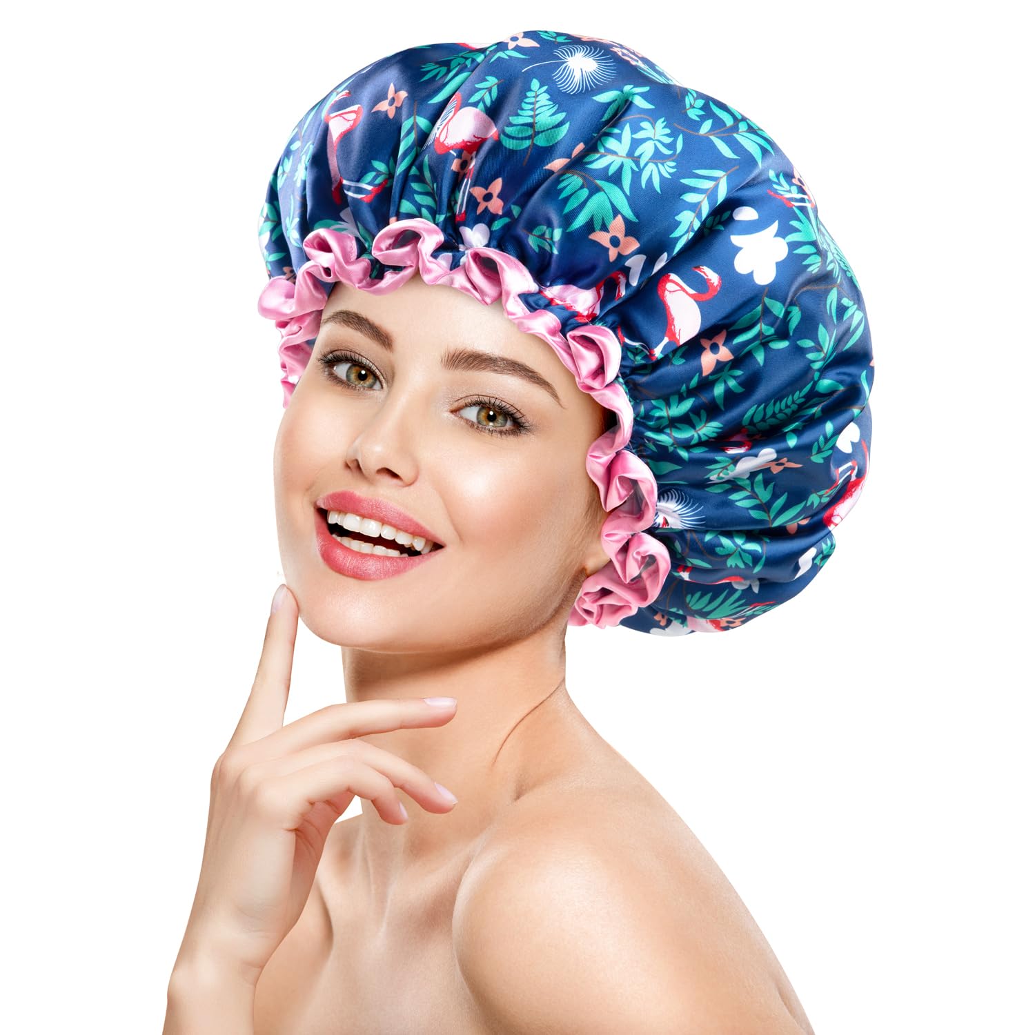 mikimini Reusable Shower Cap for Women with Long Hair featuring Secure-Fit Elastic Band, Flamingo Print – Ideal Waterproof & Washable Bath Cap with Double-Layer Design