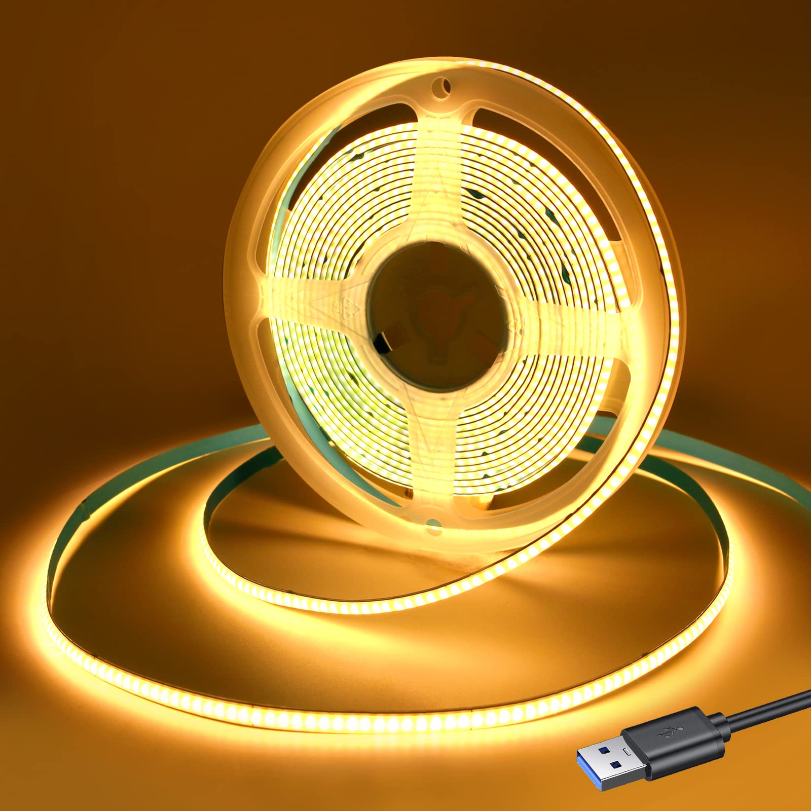 RYE USB Powered 5V COB LED Strip Light, 1.5M*320LEDs/M Warm White 3000K Soft Dotless Tape Light for TV/Monitor/Under Cabinet Kitchen/Wardrobe/Stairs Step Background Ambient DIY Lighting[Strip ONLY]