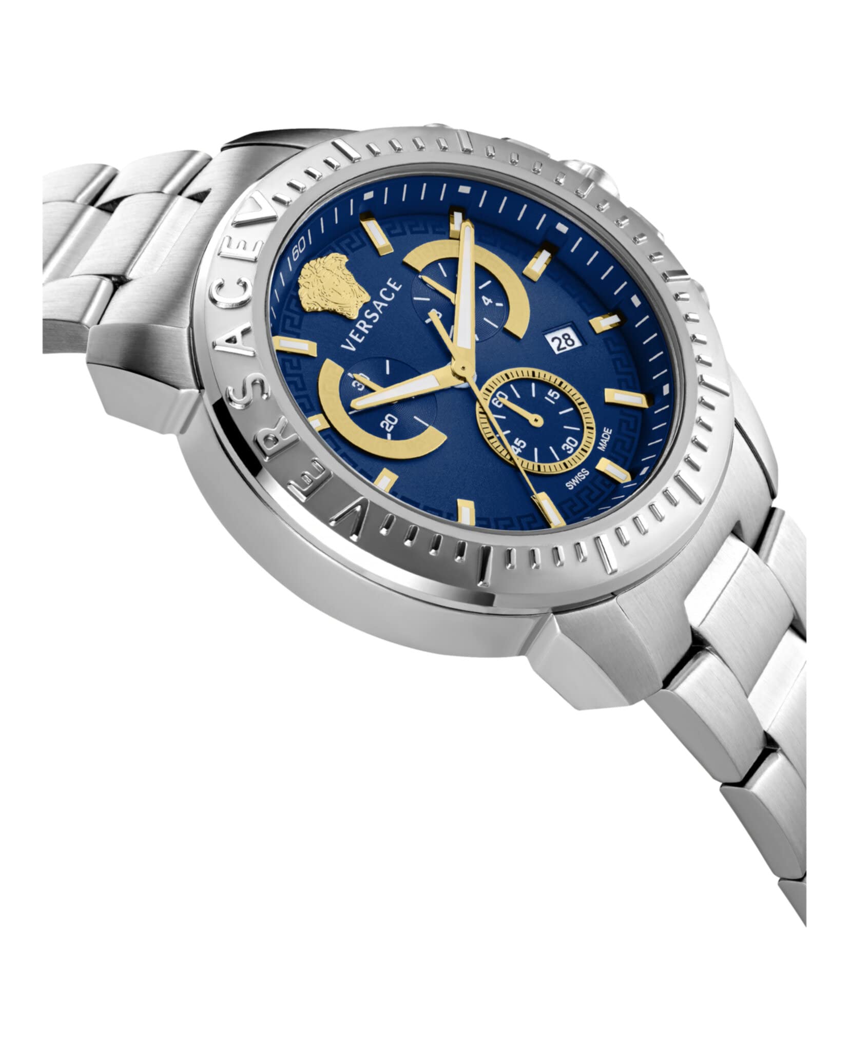 Versace New Chrono Collection Luxury Mens Watch Timepiece with a Silver Bracelet Featuring a Silver Case and Blue Dial