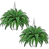 COEWUR 2Pack Artificial Boston Ferns Hanging Plants 23.6'' Fake Silk Fern 50 Leaves That Look Real in Pots for Outdoors & Indoor Faux Potted Plant for Home Porch Patio Garden Decor