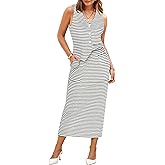 Pink Queen Women's 2 Piece Outfits Sleeveless V Neck Button Down Tank Tops Slit Midi Dress 2025 Striped Summer Skirt Sets