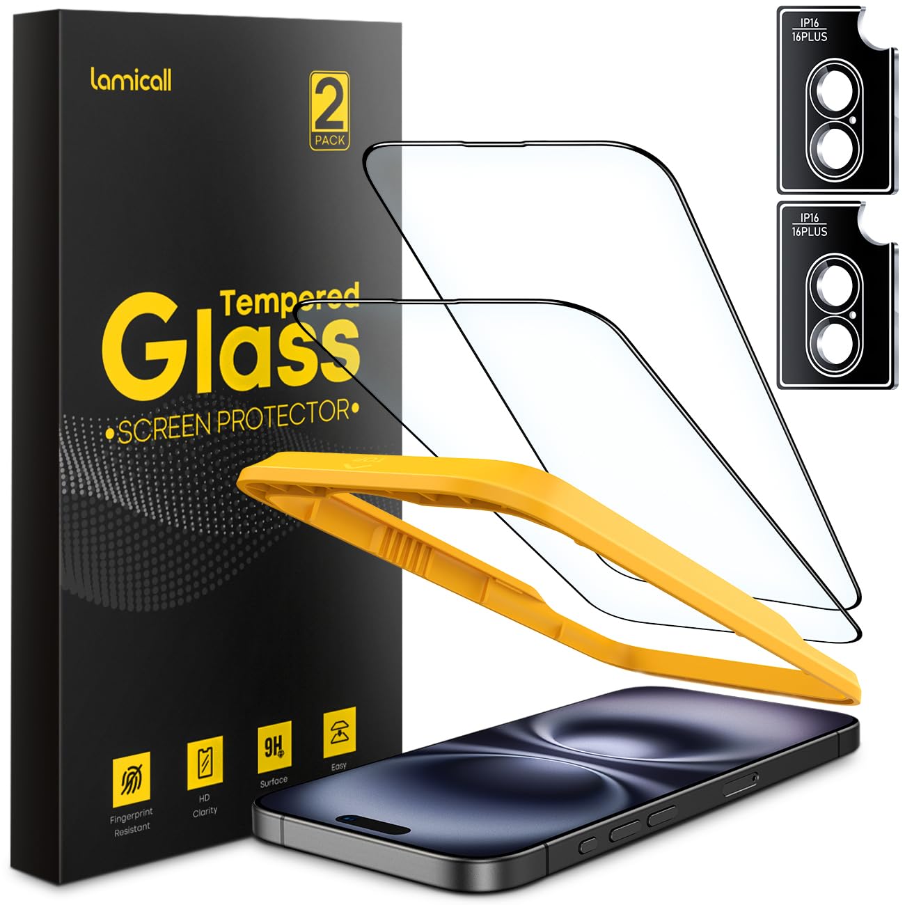 Lamicall 2+2 for iPhone 16 Plus Screen Protector (6.7") with Camera Lens Protector, [Top 9H Tempered Glass Film], Easy Alignment, Anti-Scratch, 0 Bubbles, HD Clear for iPhone 16 Plus - 2 Pack Each — image 1