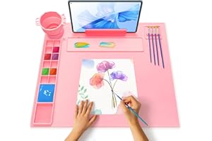 iArtker Silicone Painting Mat with Cup and Palette, 20"×16" Non-Slip Silicone Craft Art Mat with Stand and Lid for Painting, Resin, DIY, Pink