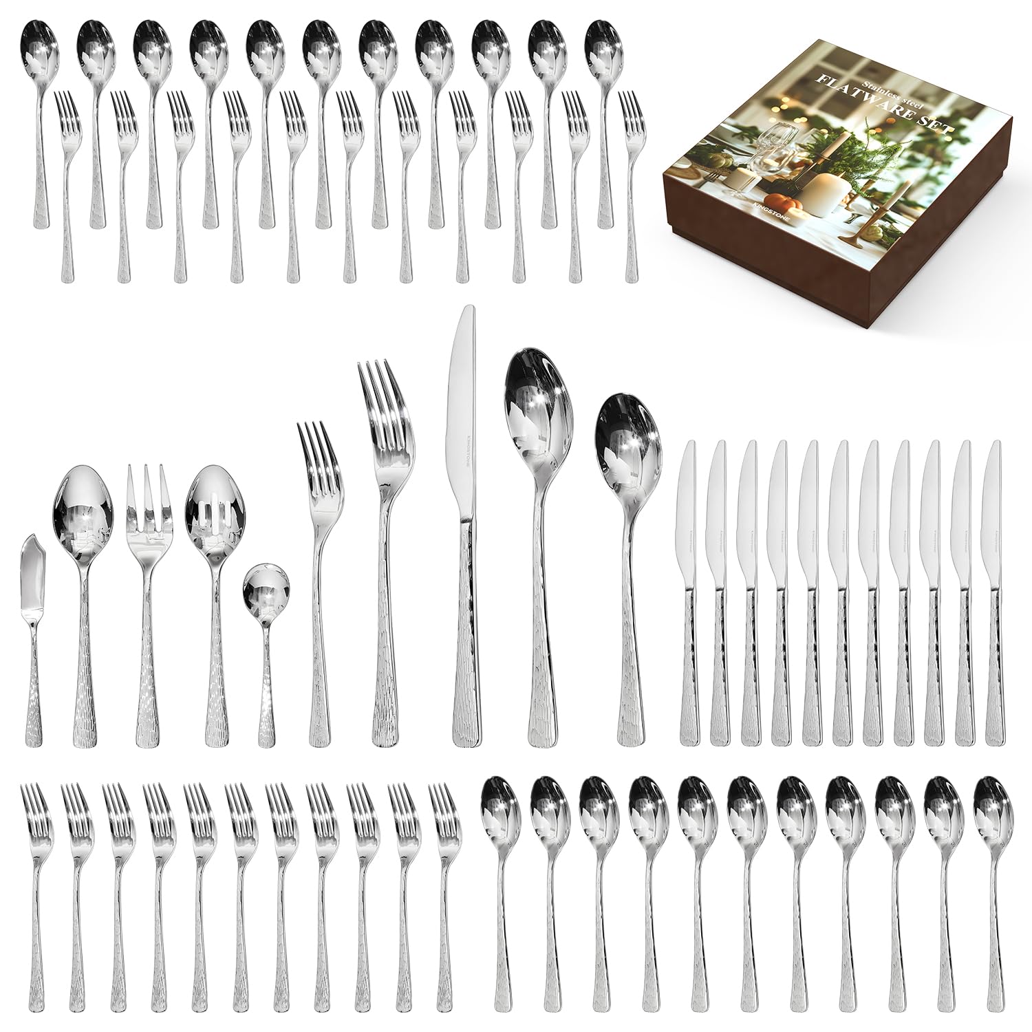 KINGSTONE Hammered Silverware Set, Flatware Set with Serving Utensils, 18/10 Stainless Steel Premium Cutlery with Unique Ripple Handles Design Mirror Polished - Dishwasher Safe (65-Piece) Image
