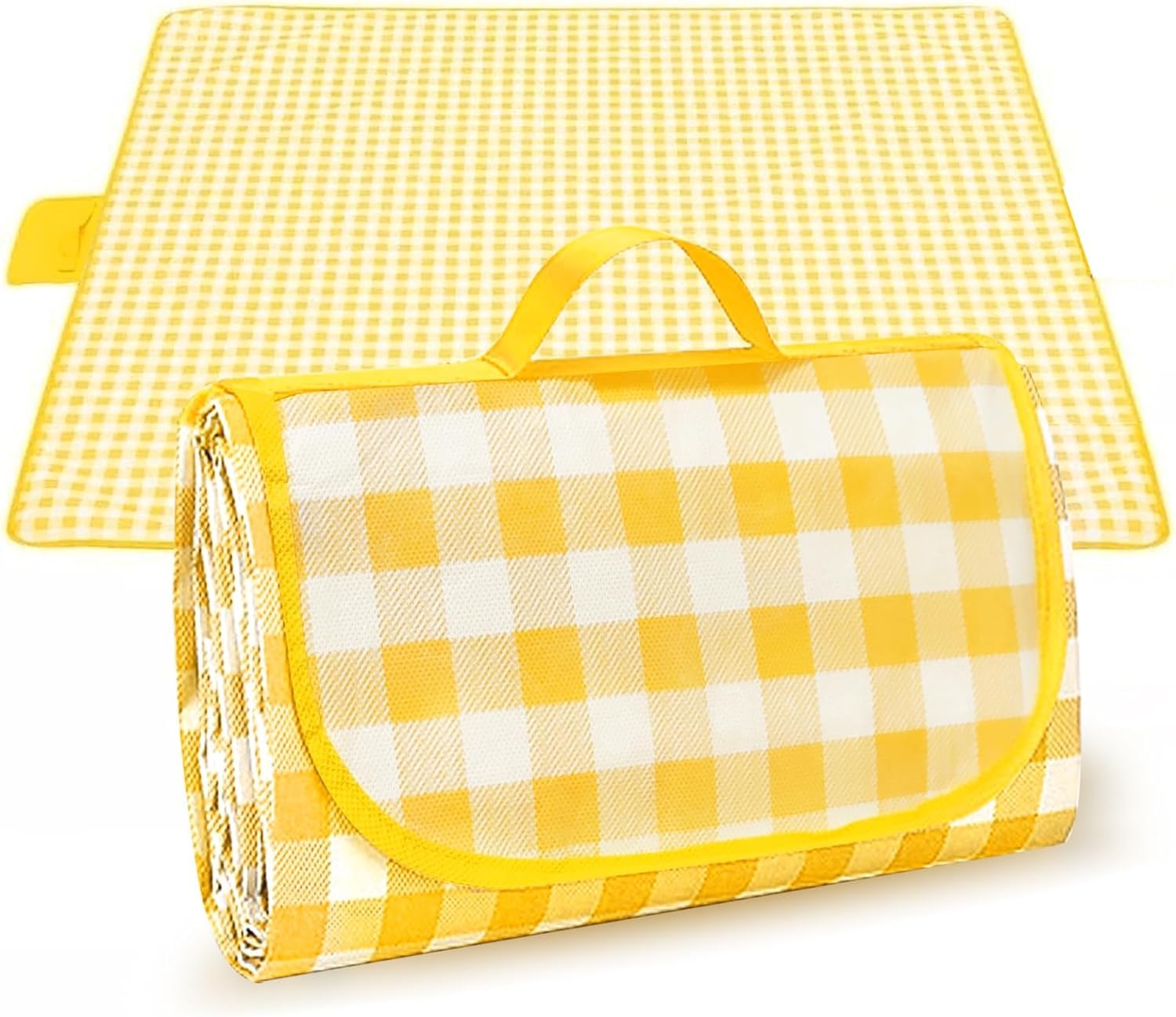 Armo Extra Large Tartan Picnic Blanket With Carrying Handle Waterproof Beach Garden Outdoor Washable Picnic Camping Blanket Rug 200CM X 150CM (Yellow)