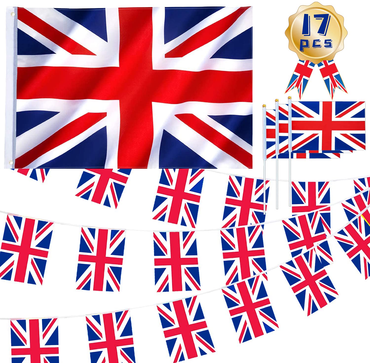 Funnlot Union Jack Flag and Bunting Set (5ft x 3ft) for VE Day Party Decorations With 15 Flags on Stick - British Football Games Decor