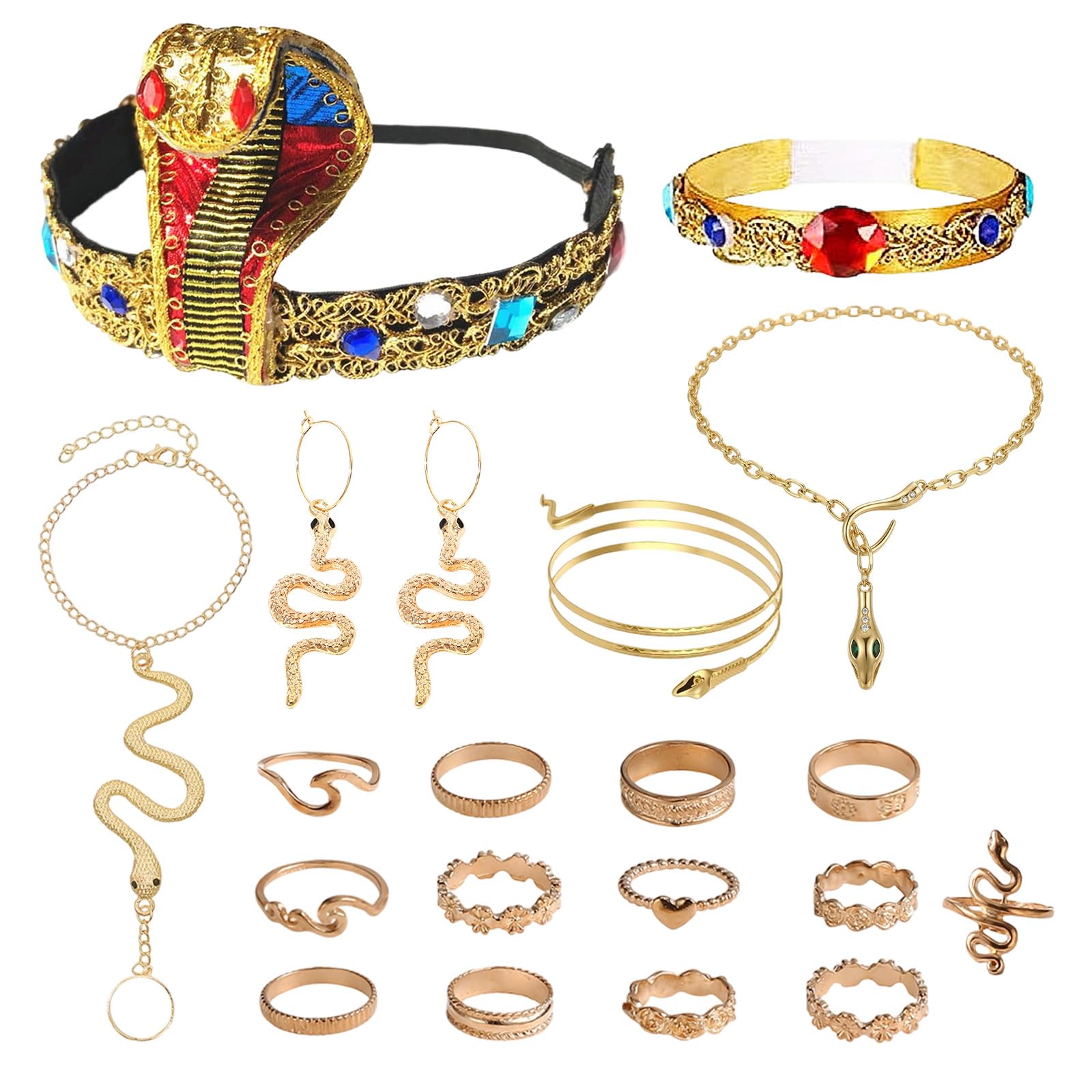 19Pcs Egyptian Costume Accessories Set for Women,Cleopatra Fancy Dress Kit with Cobra Headpiece Arm Cuff Snake Necklace Bracelets Rings Earrings,Ancient Egypt Dress Up for Cosplay Party Egyptian Days